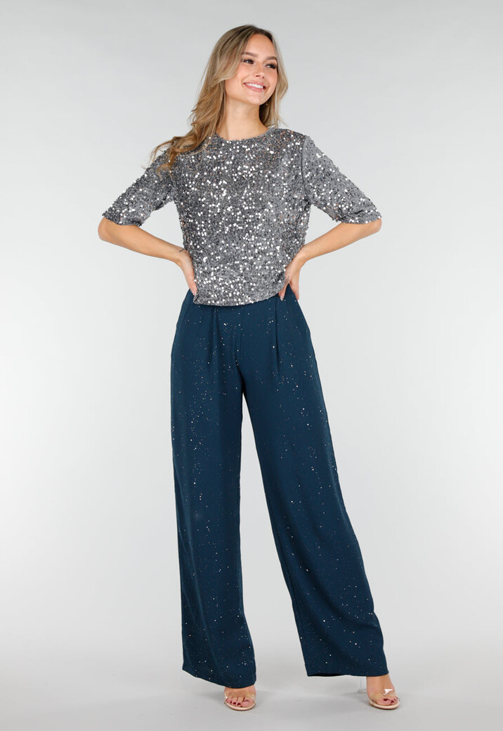 Zeeblauwe Linnenlook Glitter Pantalon met Stretchband