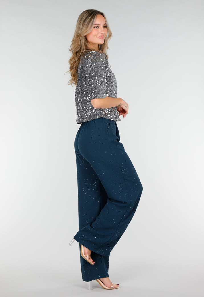 Zeeblauwe Linnenlook Glitter Pantalon met Stretchband