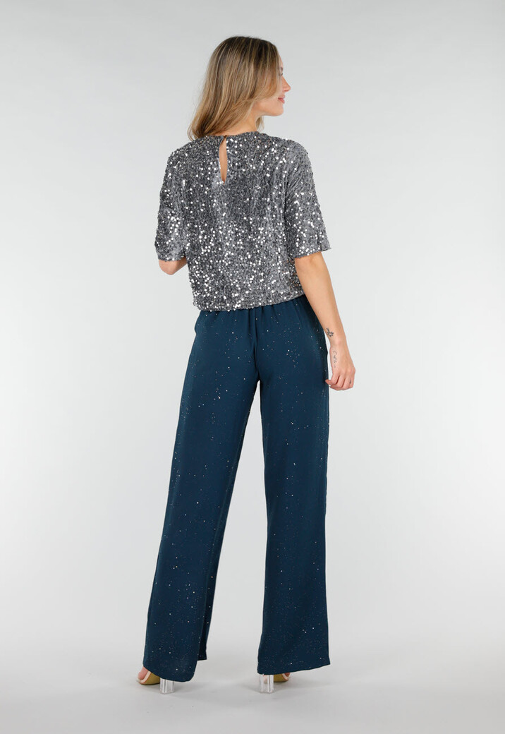 Zeeblauwe Linnenlook Glitter Pantalon met Stretchband