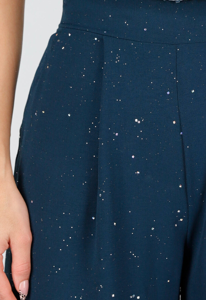 Zeeblauwe Linnenlook Glitter Pantalon met Stretchband