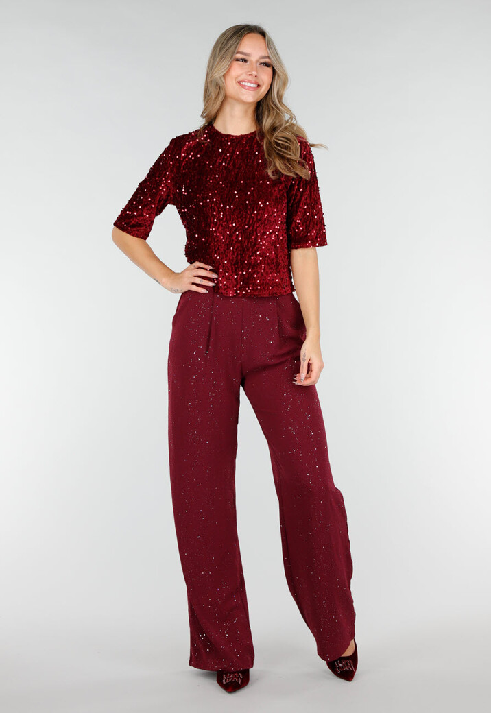 Bordeauxrode Linnenlook Glitter Pantalon met Stretchband