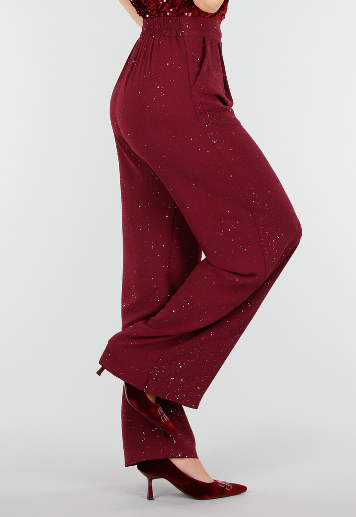 Bordeauxrode Linnenlook Glitter Pantalon met Stretchband