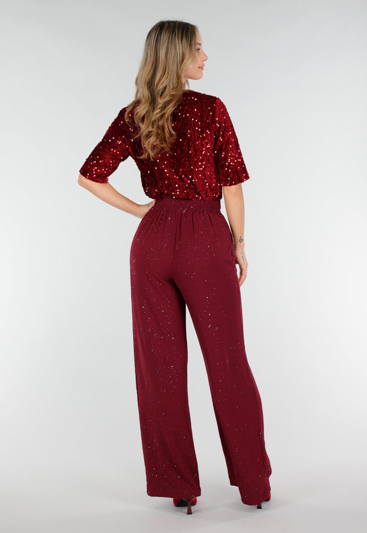 Bordeauxrode Linnenlook Glitter Pantalon met Stretchband