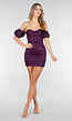Paars Off Shoulder Satijnen Stretch Jurkje met Pofmouwen