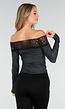 Zwarte Off Shoulder Stretch Top met Kant en Stippenprint