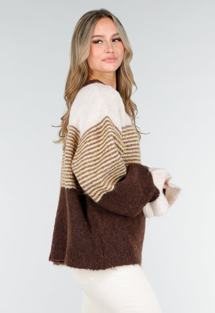 Bruin Gestreept Gebreid Wollen Vest met Knopen