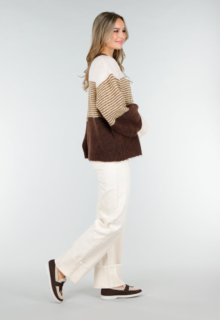 Bruin Gestreept Gebreid Wollen Vest met Knopen