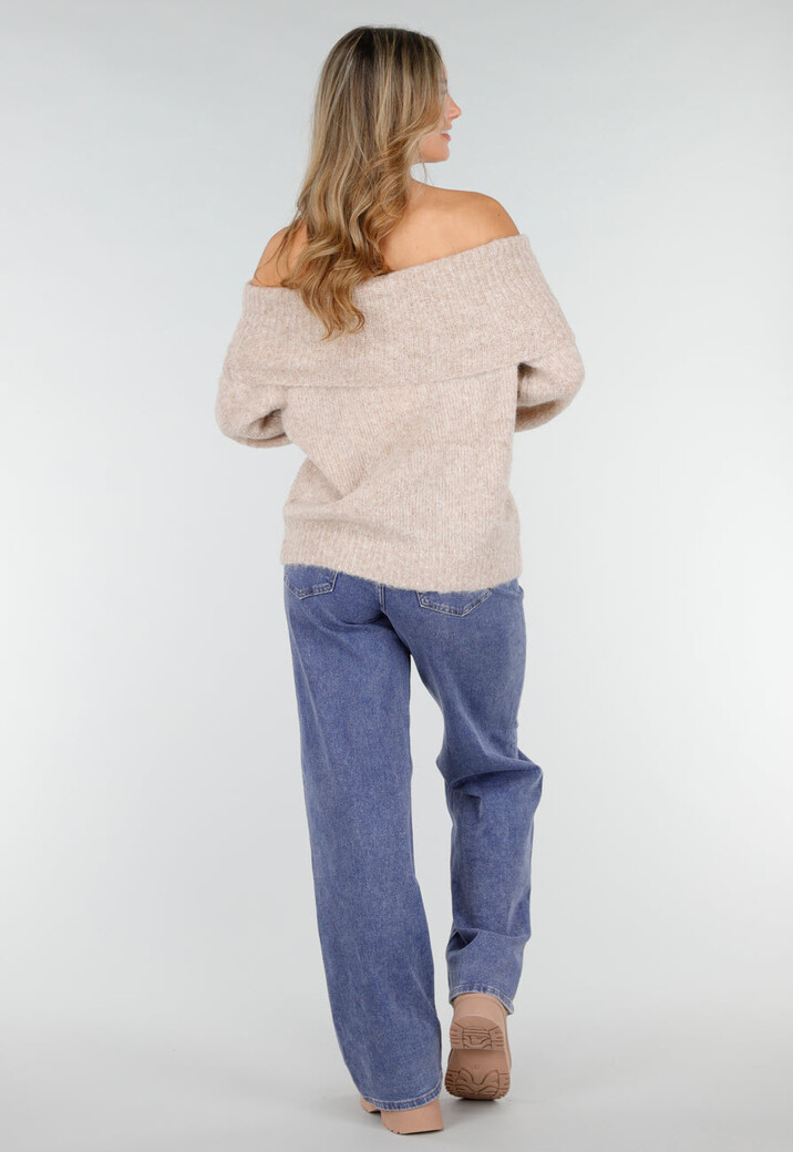 Beige Off Shoulder Wollen Gebreide Trui en Losse Pasvorm