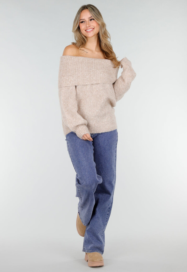 Beige Off Shoulder Wollen Gebreide Trui en Losse Pasvorm