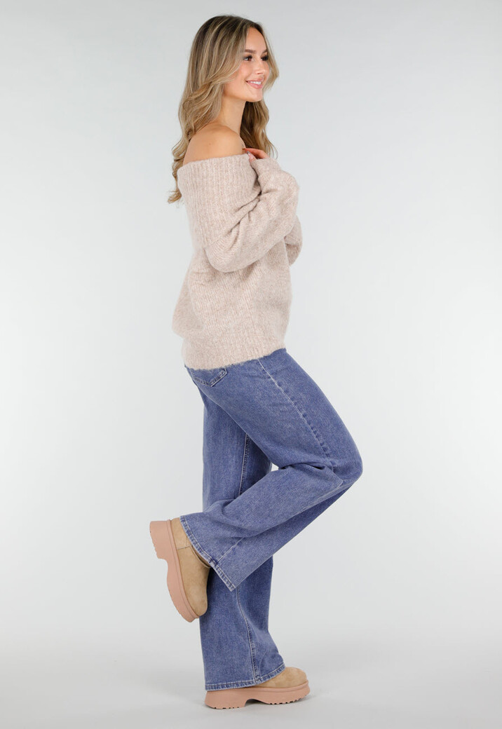 Beige Off Shoulder Wollen Gebreide Trui en Losse Pasvorm