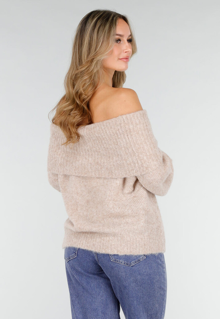 Beige Off Shoulder Wollen Gebreide Trui en Losse Pasvorm