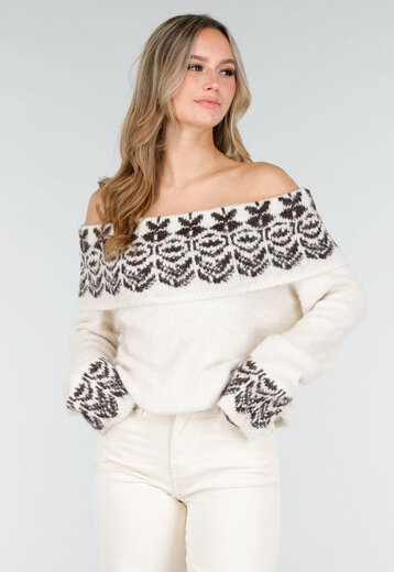 Crèmekleurige Off Shoulder Gebreide Trui