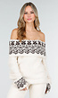 Crèmekleurige Off Shoulder Wollen Stretch Trui met Bruin Patroon