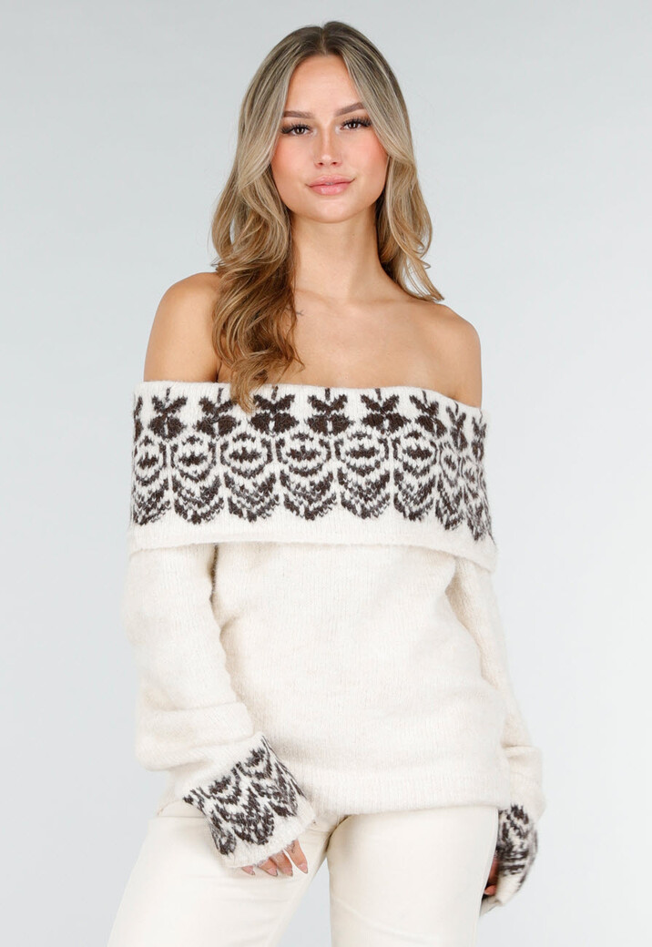 Crèmekleurige Off Shoulder Wollen Stretch Trui met Bruin Patroon