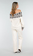 Crèmekleurige Off Shoulder Wollen Stretch Trui met Bruin Patroon