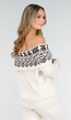 Crèmekleurige Off Shoulder Wollen Stretch Trui met Bruin Patroon