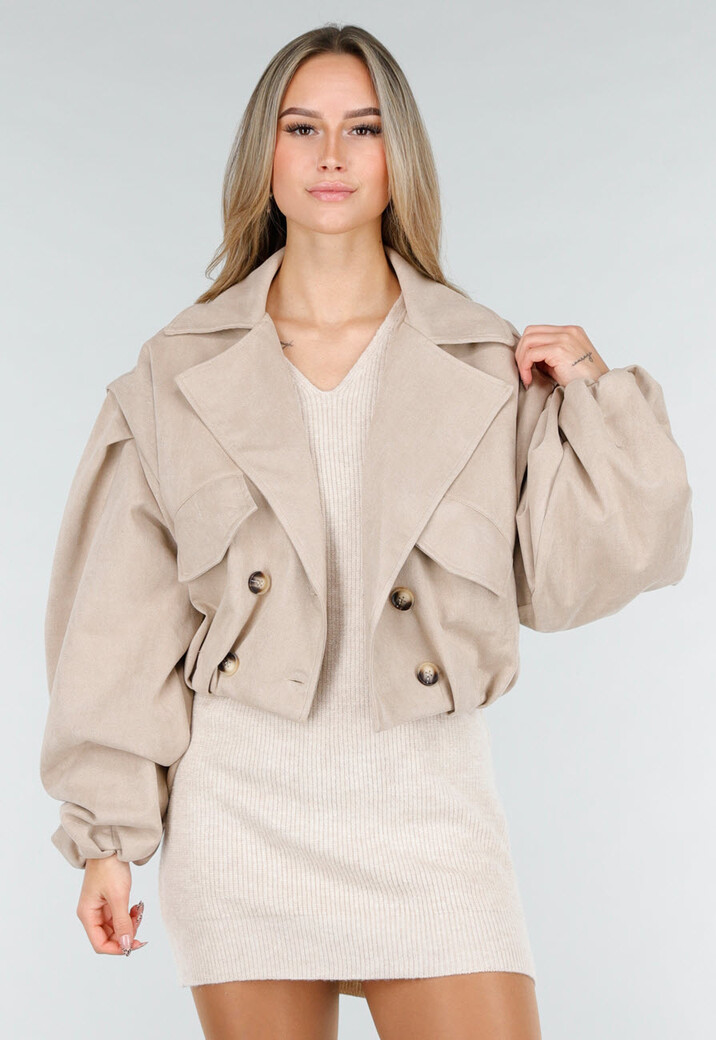 Beige Suède Look Jasje met Dubbele Knoopsluiting en Wijde Mouwen