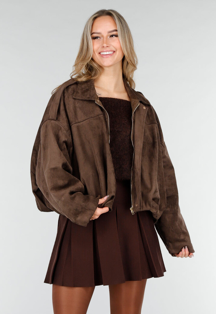 Bruine Suèdelook Jas met Ritssluiting en Verlaagde Schoudernaden
