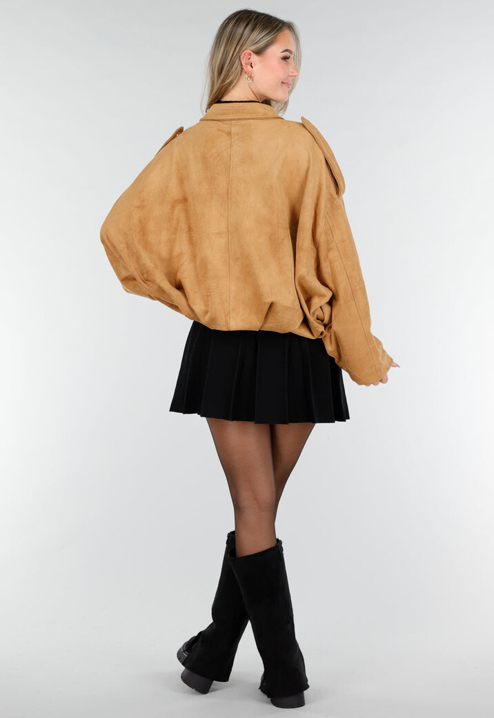 Camel Jas met Suède Look en Oversized Pasvorm