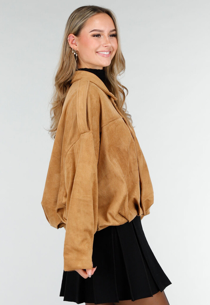 Camel Jas met Suède Look en Oversized Pasvorm
