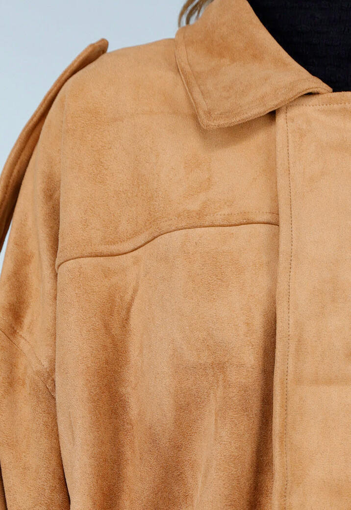 Camel Jas met Suède Look en Oversized Pasvorm