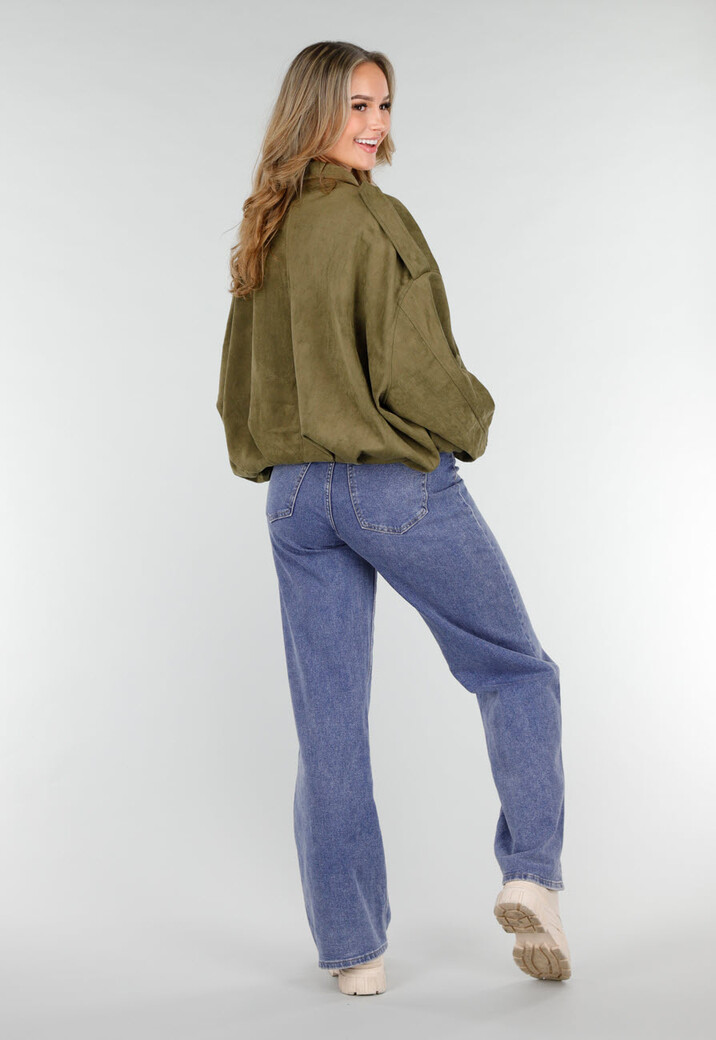 Olijfgroene Oversized Jas van Suède Look met Kraag en Lange Mouwen