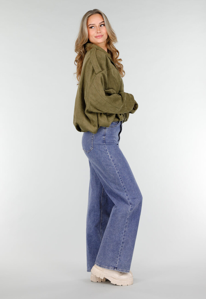 Olijfgroene Oversized Jas van Suède Look met Kraag en Lange Mouwen