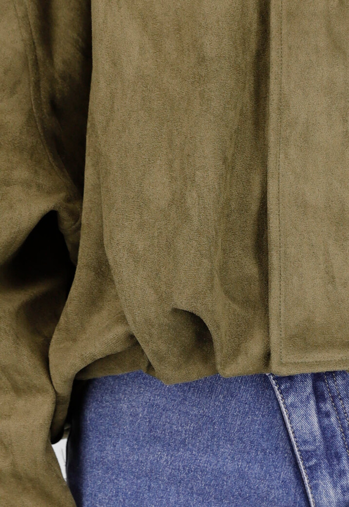 Olijfgroene Oversized Jas van Suède Look met Kraag en Lange Mouwen