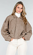 Taupe Suèdelook Jas met Ritssluiting en Verlaagde Schoudernaden
