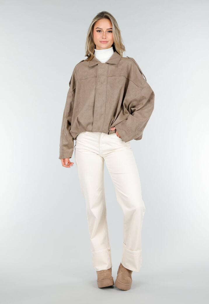 Taupe Suèdelook Jas met Ritssluiting en Verlaagde Schoudernaden