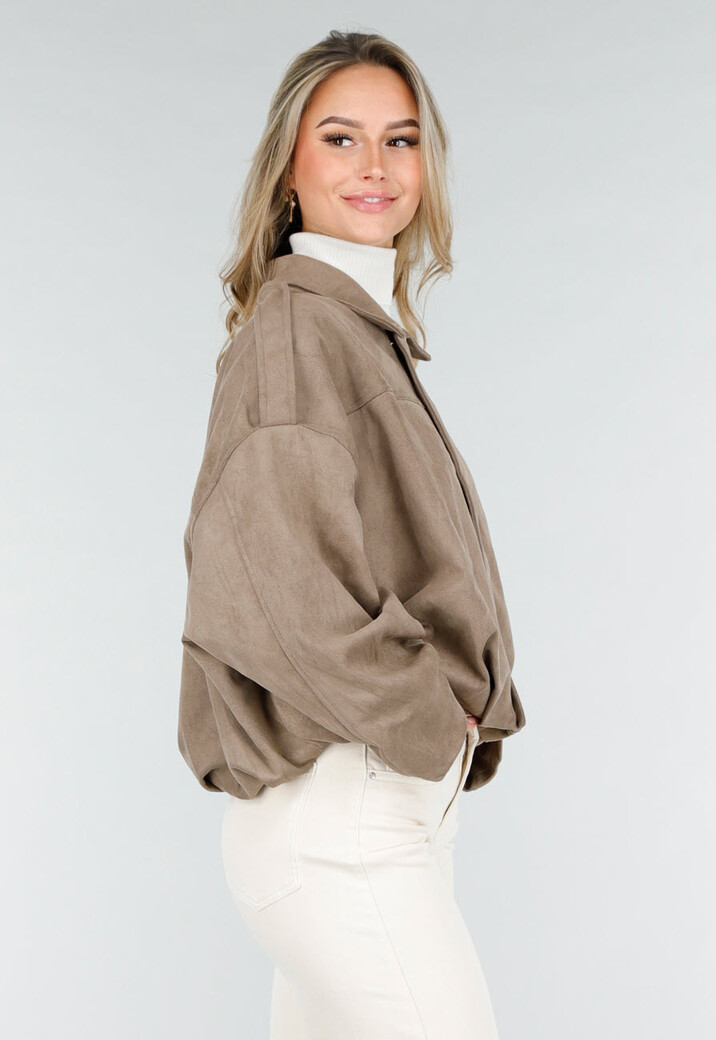 Taupe Suèdelook Jas met Ritssluiting en Verlaagde Schoudernaden