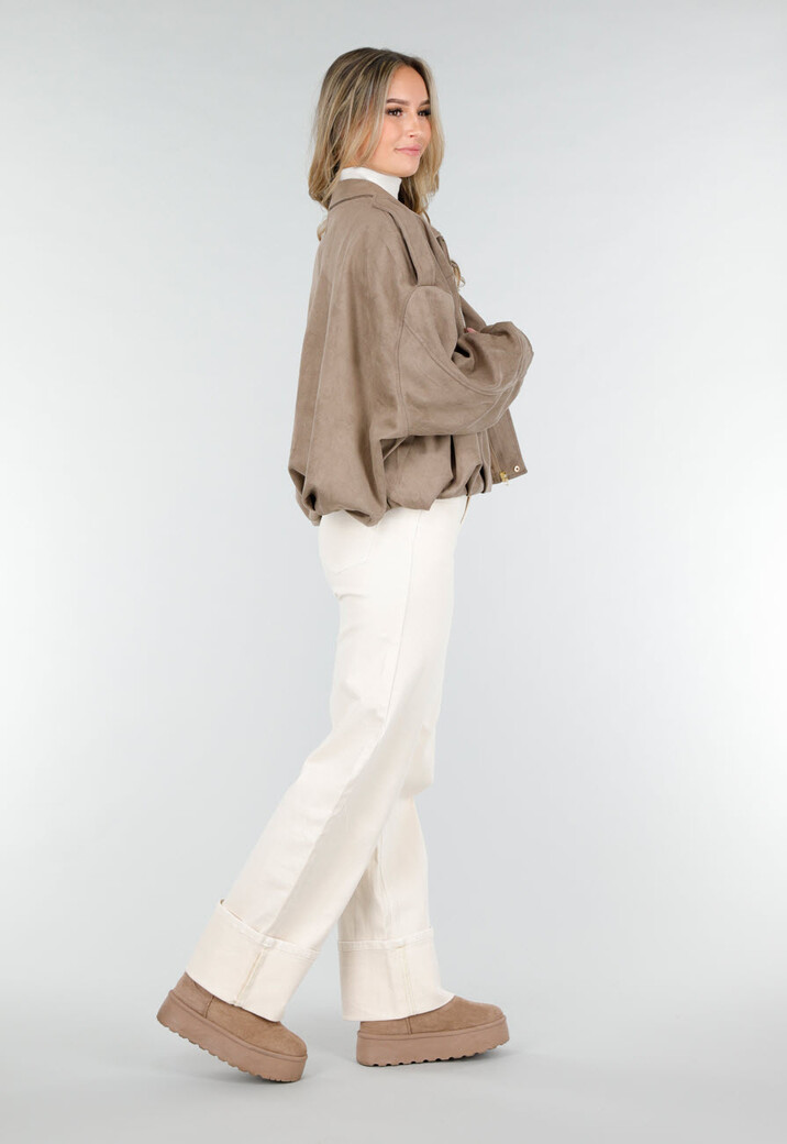 Taupe Suèdelook Jas met Ritssluiting en Verlaagde Schoudernaden