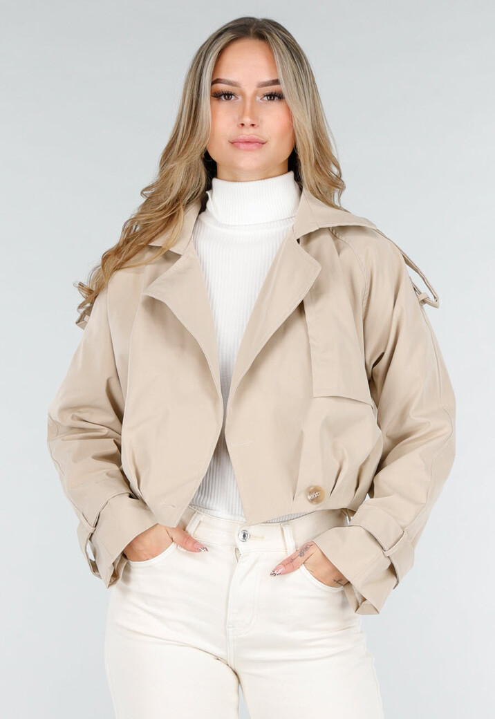Lichtbeige Korte Trenchcoat met Knopen en Reverskraag