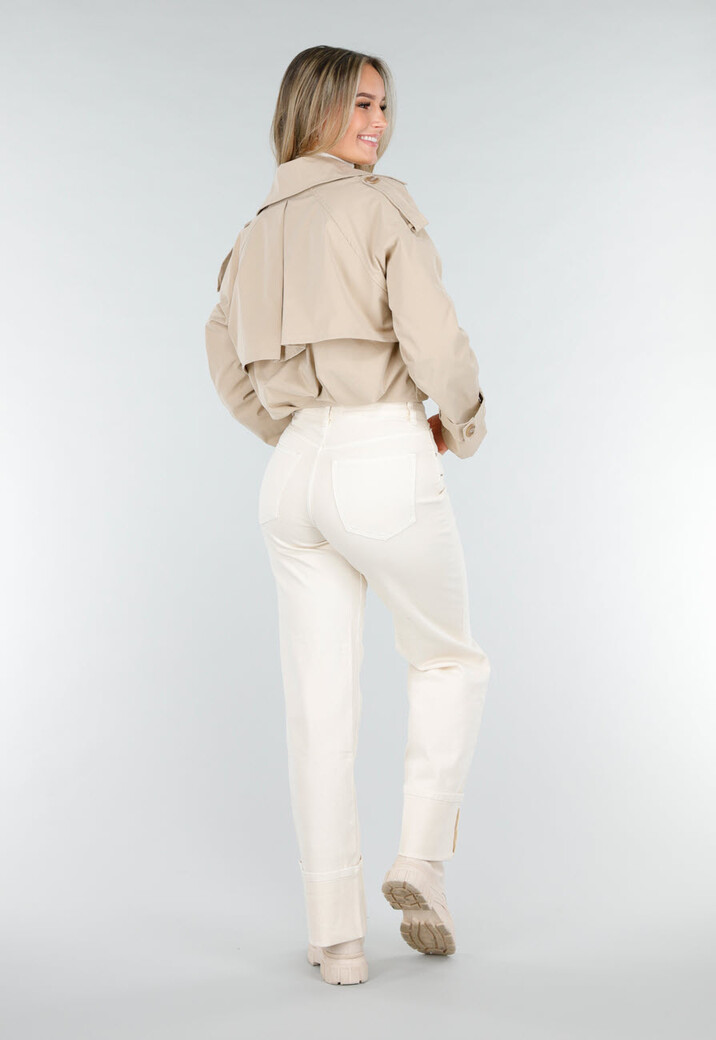 Lichtbeige Korte Trenchcoat met Knopen en Reverskraag