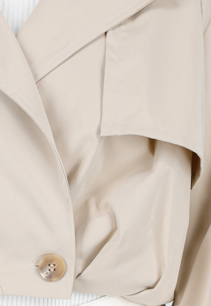 Lichtbeige Korte Trenchcoat met Knopen en Reverskraag