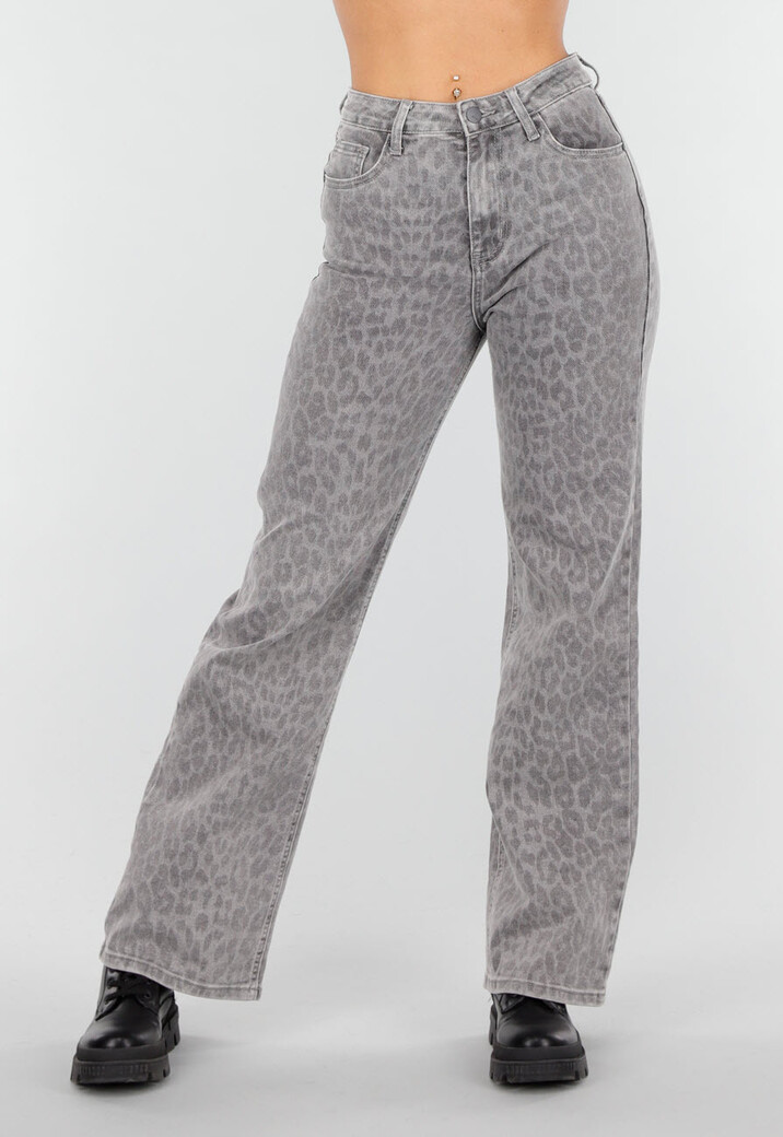 Grijze Jeans met Panterprint en Rechte Pijpen
