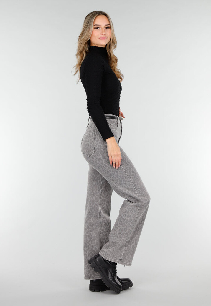 Grijze Jeans met Panterprint en Rechte Pijpen