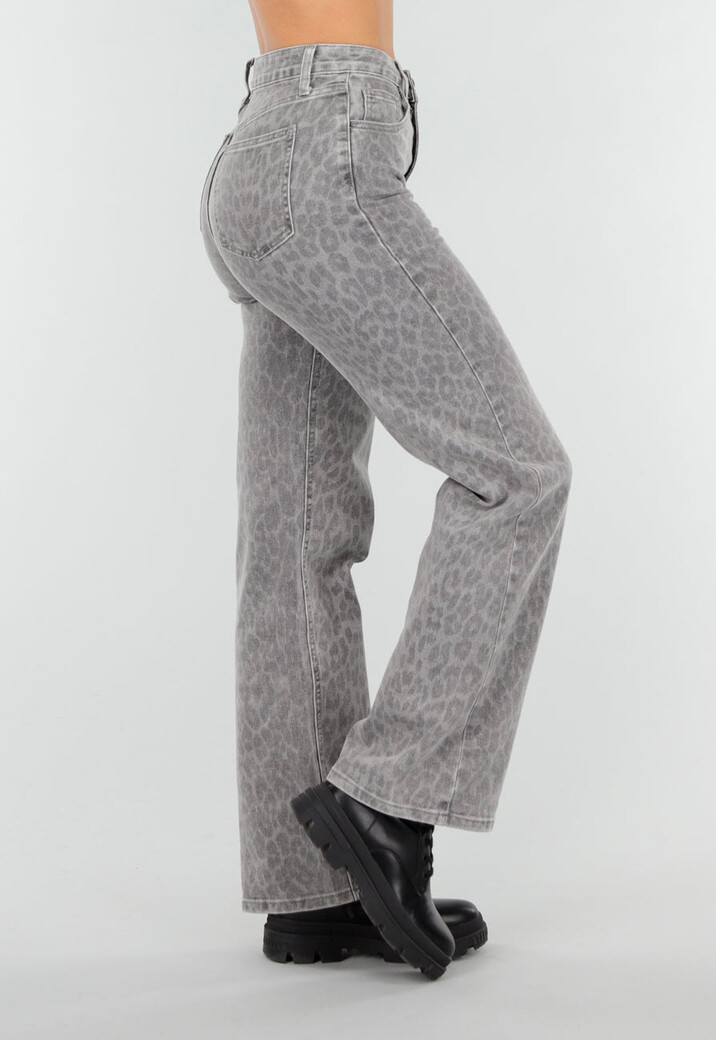 Grijze Jeans met Panterprint en Rechte Pijpen