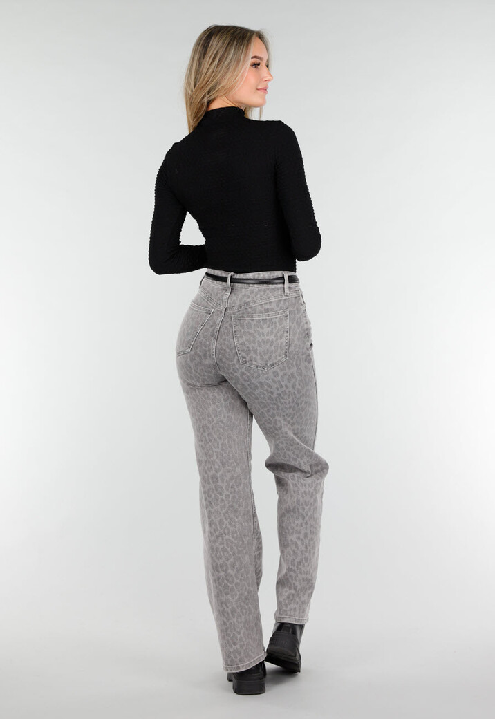 Grijze Jeans met Panterprint en Rechte Pijpen