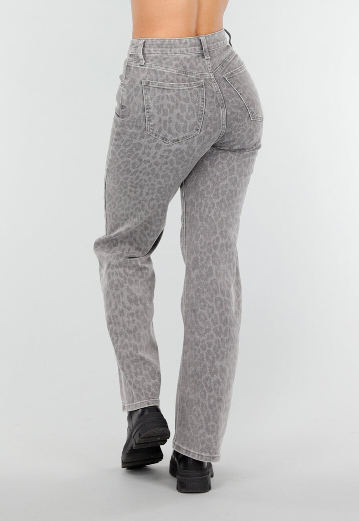 Grijze Jeans met Panterprint en Rechte Pijpen