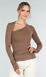 Bruine Asymmetrische Stretch Top met Lange Mouwen en Rimpeldetail