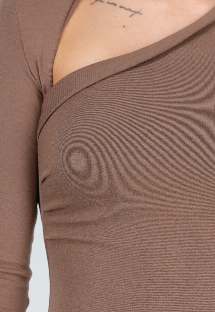 Bruine Asymmetrische Stretch Top met Lange Mouwen en Rimpeldetail