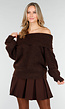 Donkerbruine Gebreide Off Shoulder Trui met Wol en Losse Pasvorm