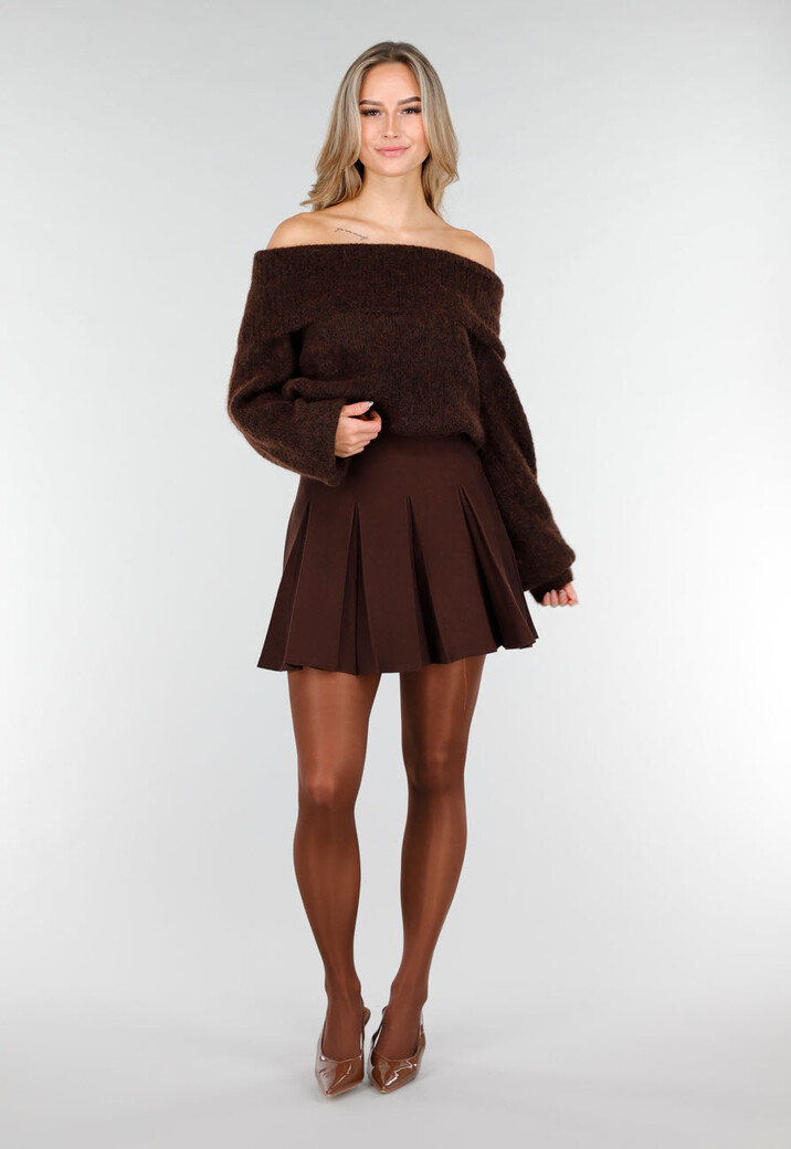Donkerbruine Gebreide Off Shoulder Trui met Wol en Losse Pasvorm