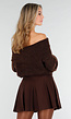 Donkerbruine Gebreide Off Shoulder Trui met Wol en Losse Pasvorm