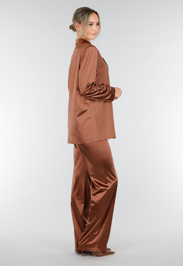 Bruine Satijnlook Blazer met Licht Getailleerde Pasvorm en Dubbele Knopen