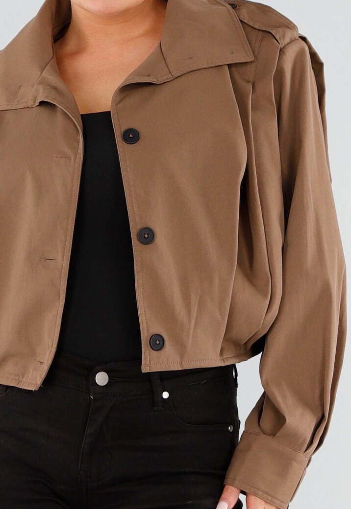 Bruine Cropped Trenchcoat met Knoopsluiting en Brede Kraag