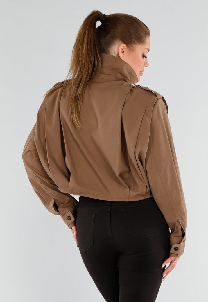 Bruine Cropped Trenchcoat met Knoopsluiting en Brede Kraag