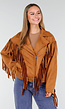 Bruine Suede Look Jas met Lange Fringe Details en Gespsluiting