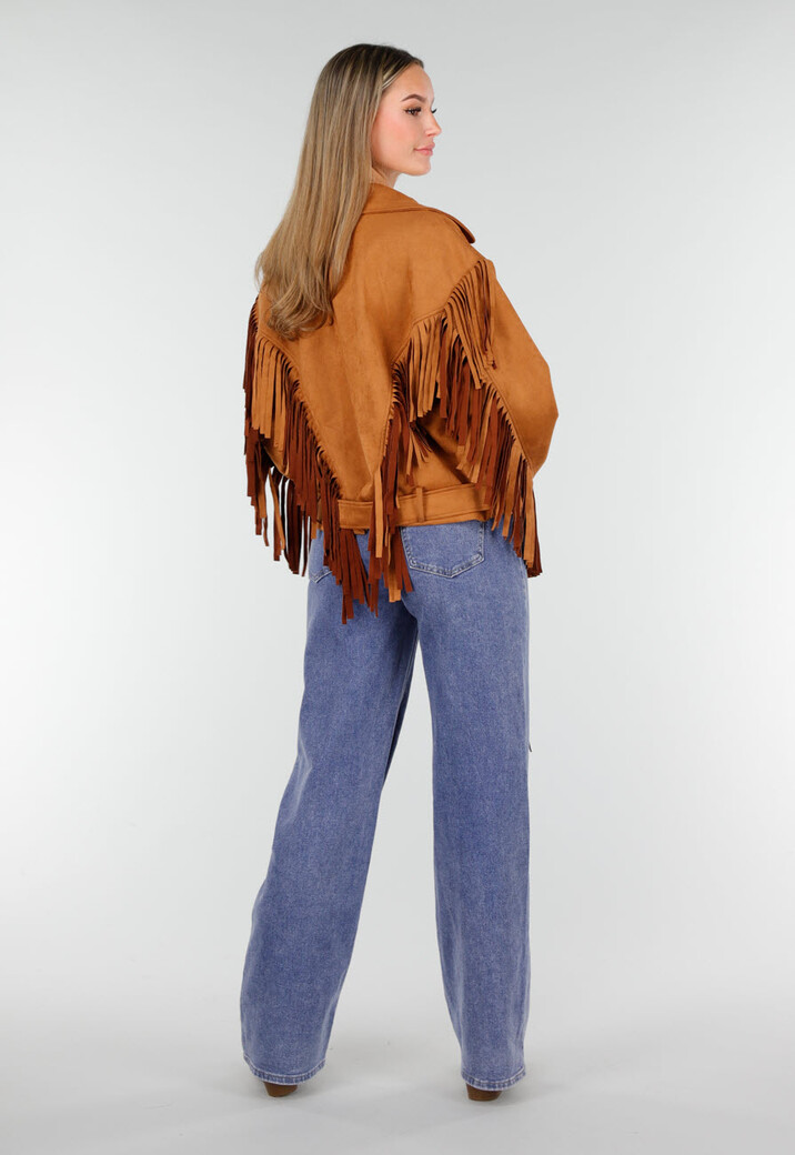 Bruine Suede Look Jas met Lange Fringe Details en Gespsluiting